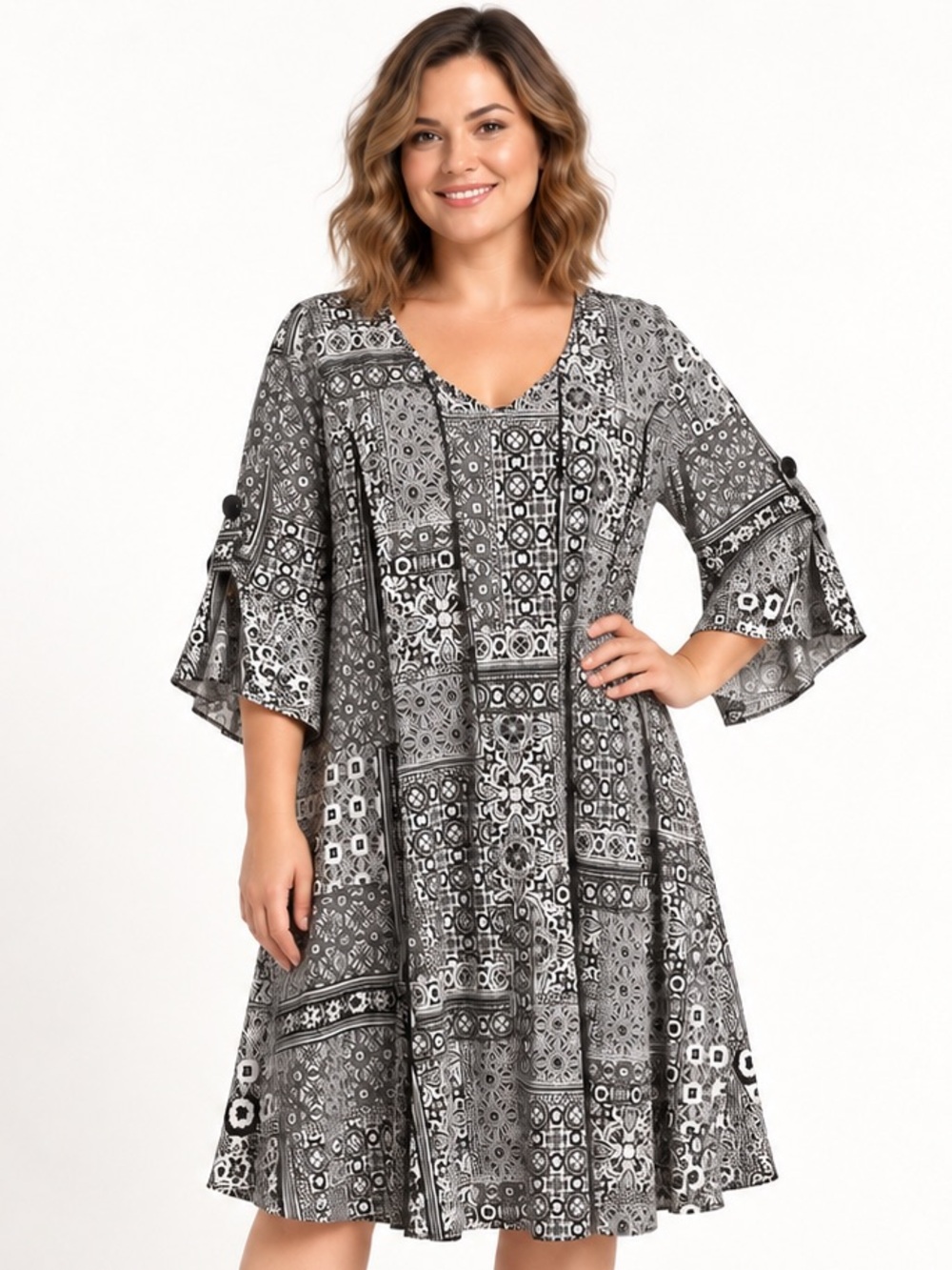 Sami & Jo Plus 2X Black White Patchwork Bell Sleeve Dress Flowy Silky
